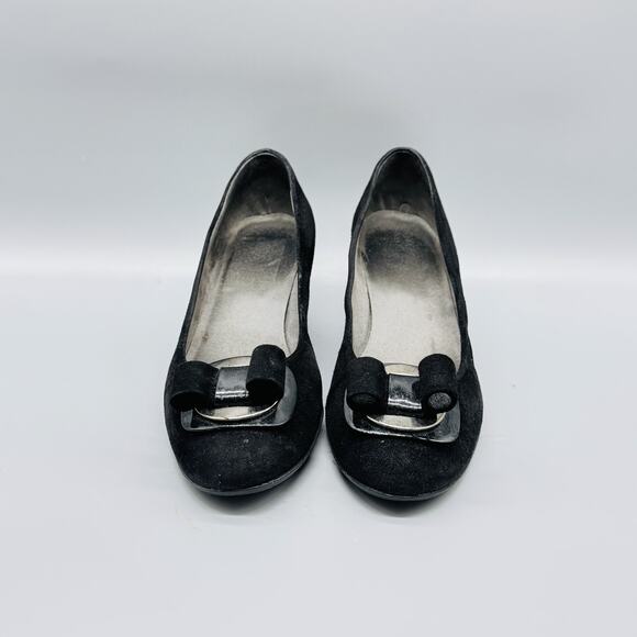 Stuart Weitzman Shoes Womens 8.5 Black Suede Wedge Bow Slip On Made Spain - Picture 3 of 10